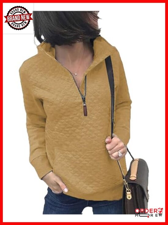 Tops - Women's Quarter Zip Quilted Sweatshirt Long Sleeve Pullover Kangaroo Pocket